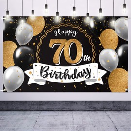 Nelbiirth Happy 70th Birthday Black & Gold Large Photo Banner - Cheers to Seventy Years Old Birthday Home Wall Photoprop Backdrop, 70th Birthday Party Decoration.