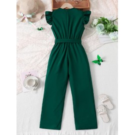 Floerns Girl's Casual Jumpsuit One Piece Outfit Cap Sleeve Belt Crew Neck Long Pants Rompers Dark Green 11-12Y