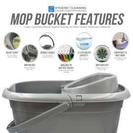 Colour Coded Mop Buckets − 12L Mop Bucket with Wringer and Easy Carry Handle for Domestic and Commercial Cleaning (Grey)