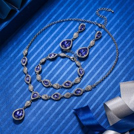 Clearine Jewellery Set Zirconia Gemstone Diamante Teardrop Wedding Bridal Costume Statement Y Necklace Earrings Tennis Bracelet Set for Women Amethyst Purple Silver Tone, Alloy Steel Alloy steel