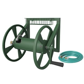 Artigarden Triangle Wall Mounted Garden Hose Reel, Outdoor Heavy-Duty Water Hoses Holder Winder, Holds 125 Ft of 5/8-Inch Hose, with 3.9 ft Leader Hose, Brass Fitting, Storage Basket for Yard, Green