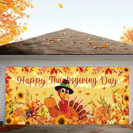 Raoycla Fall Thanksgiving Garage Door Cover, Happy Turkey Autumn Backdrop Harvest Pumpkin Maple Leaf Garage Door Banner Decoration with Rope Hanging for Party 7X16ft