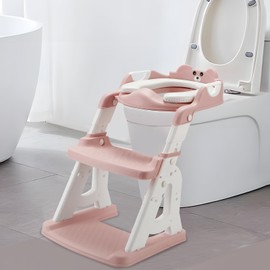 PandaEar Training Toilet Ladder, Toilet Potty Training Seat with Step Stool Ladder （Pink）