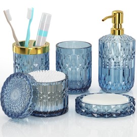 Blue Bathroom Accessories 5 Pcs, Glass Bathroom Accessory Set, Vintage Blue Bathroom Set, Soap Dispenser and Toothbrush Holder Set, Qtip Holder, Bathroom Sets Complete, Modern Bathroom Decor