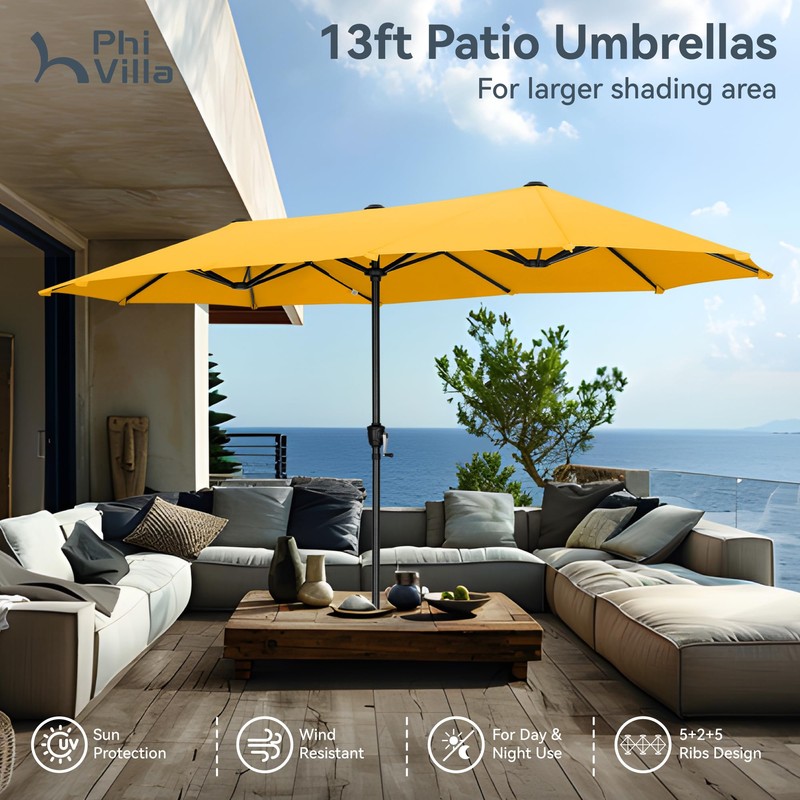 PHI VILLA 13ft Large Patio Umbrellas, Double-Sided Outdoor Market Rectangle