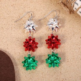Christmas Bow Earrings Holiday Xmas Bow Earrings for Women Red Green White Bow Drop Dangle Earrings Triple Bow Earring Jewelry (Silver)