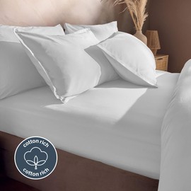 Silentnight Washed Cotton Rich Fitted Sheet - Soft Stylish Linen-Look Comfortable Bottom Sheet - Deep Fit with Elasticated Corners - Breathable Fabric Machine Washable, Double Bed Mattress, White