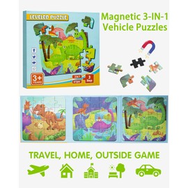 Dinosaur Magnetic Puzzles for Toddlers 3-5, 3 in 1 Travel Puzzles Book Games for Kids Ages 2-4, Travel Games and Travel Toys for 3 4 5 6 Year olds Boys and Girls (Dinosaur 1)