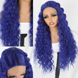Maycaur Long Curly Lace Front Wigs Dark Blue Synthetic Lace Front Wigs with Natural Pre Plucked Hairline Deep Curly Glueless Wigs for Fashion Women