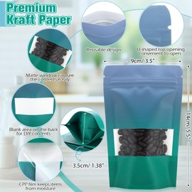 Dunzoom 150 Pcs Resealable Bags 3. 5" x 5. 5" Gradient Color Food Storage Bags Stand up Kraft Pouches with Clear Window Treat Paper Pouches for Selling Small Business Snacks Sample(Gradient Green)