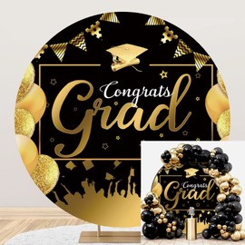 OERJU 6.5x6.5ft Graduation Round Backdrop Cover Congrats Grad Round Backdrop Bachelor Cap Black and Gold School Graduation Celebration Party Decorations Photography Background Photo Studio Props