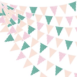 32Ft Pink Green Plaid Checkered Fabric Bunting Banner Camp Bride Party Decorations Green Pink Gingham Triangle Flag Pennant Garland for Camping Wedding Glamping Birthday Baby Shower Garden Decor