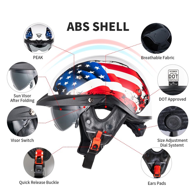 VCOROS Half Helmets Motorcycle VHF04 Open Face Sun Visor Quick