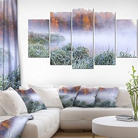 Designart Foggy Autumn Dawn Panorama-Landscape Print Wall Artwork-60x32 5 Piece-PT11286-373, 60x32-5 Panels Diamond Shape