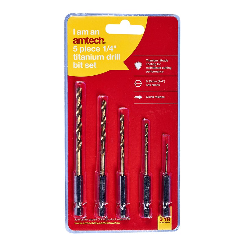 Amtech F1110 5 Piece 6.25mm (1/4") Titanium Coated high Speed