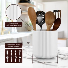 Maison Neuve Taylor Ceramic Embossed Utensil Holder in White, Fluted Design, Matte White Kitchen Organizer, Modern Ceramic Crock, Dishwasher Safe, Modern Home Decor, Utensil Caddy, Printed Gift Box