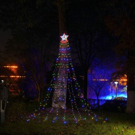 Christmas Waterfall String LED Lights with Star Topper – 8 Modes, White/Warm White/Multicolor Options, Plug-in Corded & Solar Powered, Indoor & Outdoor Holiday Decoration (Multicolor, Corded Electric)