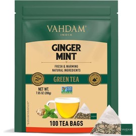 VAHDAM, Ingwer Minze Grünteebeutel (100 Teebeutel) Hochgewachsener Grüntee Mit Rohem Ingwer | Niedriger Koffeingehalt | Gvo-Frei, Glutenfrei | Minzteebeutel | Wiederverschließbarer Beutel