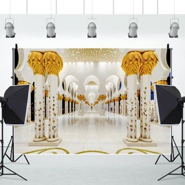 10x8ft Vinyl XMJJKUF Grand Mosque Backdrop for Photography Golden Luxury Architecture Corridor Islam Background Wedding Holiday Party Supplies Islamic Banner Booth Props