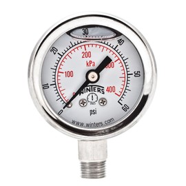 Winters PFQ Series Stainless Steel 304 Dual Scale Liquid Filled Pressure Gauge with st/st Internals, 0-60 psi/kpa 1-1/2" Dial Display, +/-2.5% Accuracy, 1/8" NPT Bottom Mount