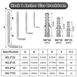 AIUNBEST Set of 210 Screw Hooks with Dowels, Hook Nails, 4 Sizes, L-Hooks, Straight Screw-In Hooks, Picture Hooks, Wall Hooks for Screwing Household, Workshop and Garden