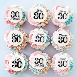 40Pcs Edible Circle Happy 30th Birthday Cupcake Toppers Edible Floral Hello 30 Fabulous Cheers to 30 Cupcake Picks Drink Toppers for Funny Female Floral 30th Birthday Party Decorations