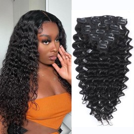 Deep Wave Clip In Hair Extensions - Glueless Hair Extensions For Black Women 100g Curly Real Brazlian Human Wear and Go 8Pcs With 20Clips Double Wefts Clip Ins Natural Black 16 Inch