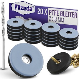 Filzada® 20 x Teflon Gliders for Screwing – Diameter 38 mm (Round) – Furniture Glides / Carpet Glides PTFE (Teflon) with Screws