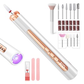 OKYUK Electric Nail Drill with UV Light, Cordless Nail Drills Kits, 9 Speeds Portable Electric Nail File, Electric Nail Files for Acrylic, Hard Skin, Gel Nails, Manicure Pedicure Kit (White-UV lignt)