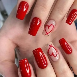24Pcs Valentines Press on Nails Short Square Fake Nails with Rhinestone Heart Design Red Heart False Nails Valentines Nails Press ons Artificial Glue on Nail Full Cover Stick on Nail for Women