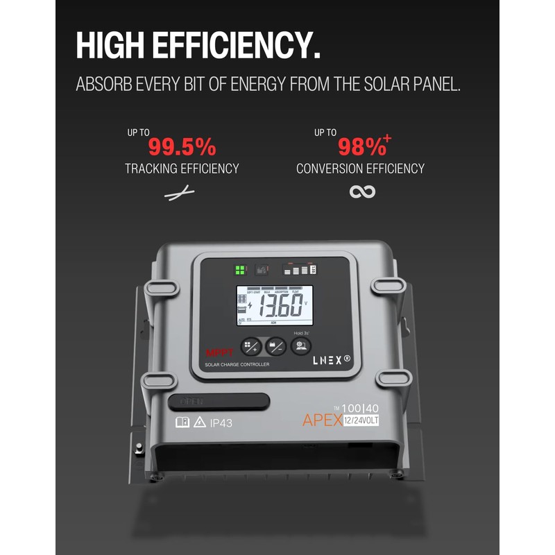 LNEX MPPT Solar Charge Controller 40A, 12V 24V Solar Panel