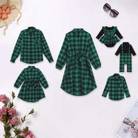 Mommy and Me Christmas Dresses Long Sleeve Green Red Black Buffalo Plaid Family Matching Outfits for Photoshoot Fall Winter Xmas Gingham Mom Daughter Daddy Son Matching Outfits Green Plaid Women L