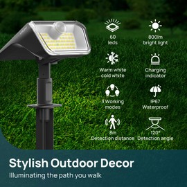 Linkind Solar Lamps 2 in 1 Solar Spotlight Outdoor with Motion Detector 3000K & 6500K, 60-LEDs Outdoor Garden Spotlight, IP67 Waterproof Solar Path Lights 8M/120°, 3 Pieces
