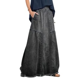 CHARTOU Women's Retro Elastic High Waist Frayed A-Line Maxi Denim Skirt with Pockets, Black, X-Large