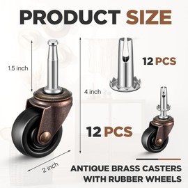 Anglechic 12 Set Antique Brass Casters for Furniture Legs with Rubber Wheels Casters Set 2" Vintage Stem Caster Wheels Replacement Furniture Rollers for Office Chairs Sofa Dresser Hardwood Floor
