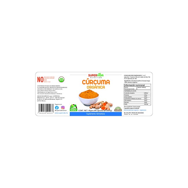 Cúrcuma Orgánica 180 Cápsulas (2 Frascos de 90 Cápsulas Vegetales