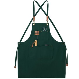 FunChaos Canvas Aprons, Chef Aprons, Work Aprons for Men Women, Adjustable Strap Aprons with 3 Pockets, Apron for Servers Kitchen Cooking Baking Artist Painting, Cross Back (Green)