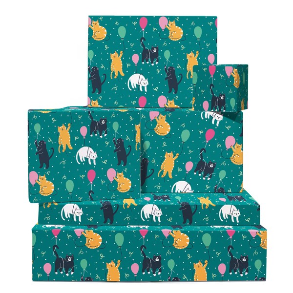 Cat Wrapping Paper - 6 Sheets of Birthday Gift Wrap - Animal Print - For Men Women Kids - Fur Parent - Comes with Stickers - Recyclable - By Central 23