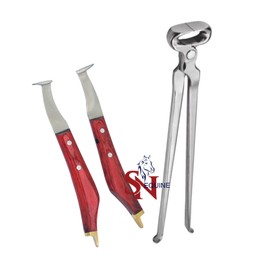 SN Equine Hoof Knives Set of Left, Right with Brass Horseshoeing Topper & Hoof Nipper 12''