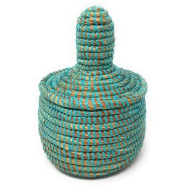 African Fair Trade Handwoven Miniature Warming Basket, Aqua