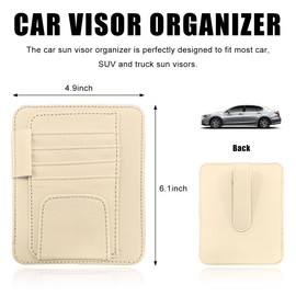 povtii Car Sun Visor Organizer, Waterproof Leather Car Sun Visor Storage Clip, Multifunctional Vehicle Sun Visor Folder with Sunglasses Clip, Universal Interior Car Accessories (Beige)