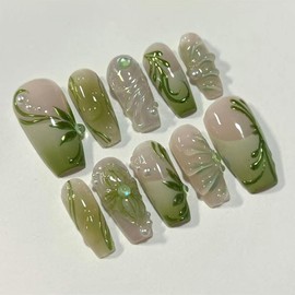 LBPEPAMZ 24Pcs Green Press on Nails Medium Square Fake Nails with Pearl Rhinestones Designs 3D Flower Water Drops Full Cover False Nails White Green Gradient French Tips Stick on Nails for Women Girls