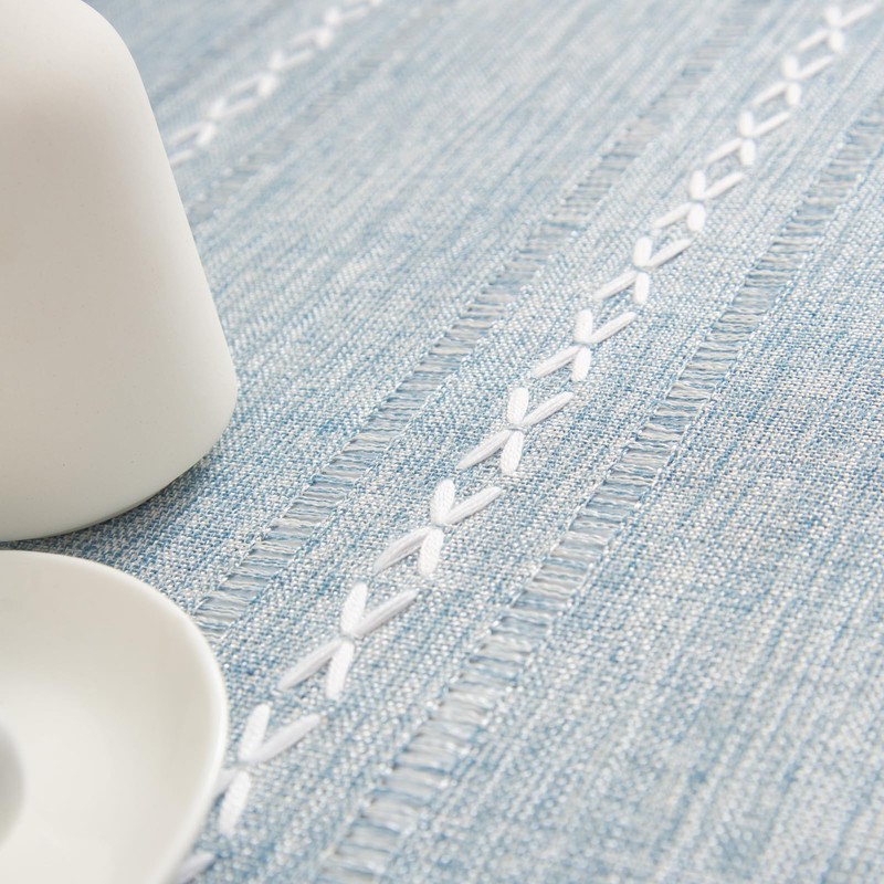 Hpxrom Rustic Linen Round Small Tablecloth Striped Embroidered Washable Blue