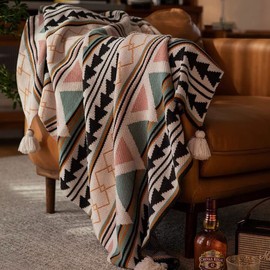Jemsia Bohemian Throw Blanket Knitted Geometric Patterns Sofa Blanket Camping Travelling Soft Cozy Woven Shawl Decor Throws with Tassels for Armchairs Couch Bed Throws, 127 x 152cm