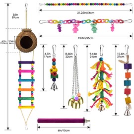 KATUMO Bird Toys, Natural Coconut Bird House with Colorful Ladder Hanging Chewing Toys Hammock Climbing with Bells for Parakeet, Conure, Cockatiel, Mynah, Love Birds, Finch