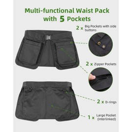 Zipper Waist Tool Apron Water-resistant Waist Pack 5Pocket Adjustable Pet Trainer Pouch Large Capacity Work Gardening (Black)
