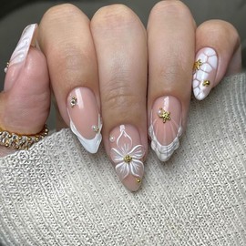 LPOODDNU 3D Almond Press on Nails - White French Tip Medium Fake Nails with Flower Pearl Star Designs, Glossy Finished Reusable False Nails with Adhesive Glue Tabs - 24Pcs Nail Kit for Women Manicure