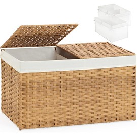 Storage Basket with Lid Rattan Woven Storage Baskets with 2 Separate Lids, 17.2 Gallon (65 L), 22 x 13 x 13.8 Inches,Foldable, 2 Removable Liner Bags Handles for Bedroom, Laundry Room Natural