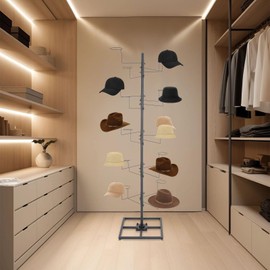 5 Tier Freestanding Metal Hat Organizer Rack with 20 Hookers, Rotating Hat Display Rack Floor Standing Hats Holder Tree Large Hats Organizer Cap Hanger (Black)