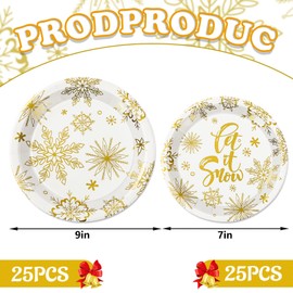 JarThenaAMCS 50Pcs Christmas Paper Plates Set Gold Foil Snowflake Disposable Plates 7 Inch & 9 Inch Winter Let It Snow Dinner Dessert Plates for Wedding Birthday Party